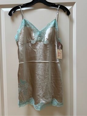 Gold Hawk 100% Silk Champagne Camisole with Aqua Lace & Floral Embroidery